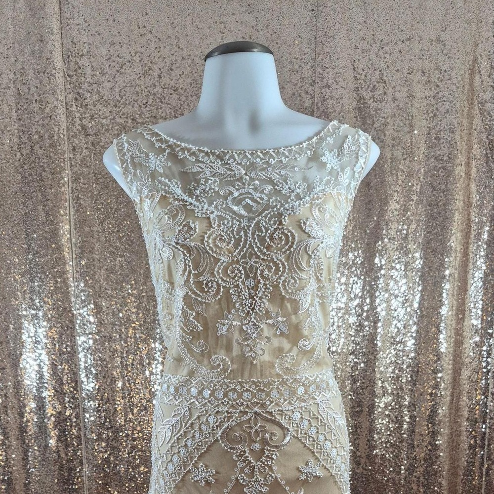 Plus Size Cream Gold Beaded Flapper Dress White Floral Gatsby Gown/Sizes 2XL-3XL
